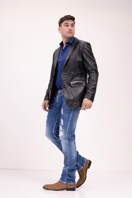 Men's Single-Breasted Lambskin Leather Blazer - Black | Ron Tomson