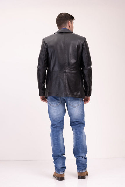 Men's Single-Breasted Lambskin Leather Blazer - Black | Ron Tomson
