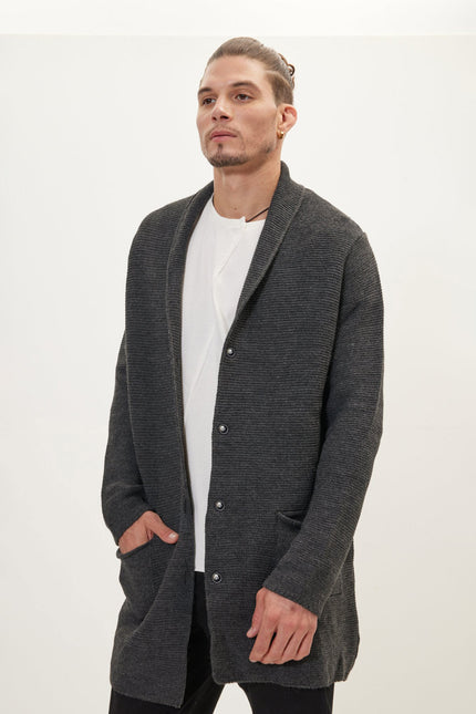 Men's Shawl Lapel Long Cardigan - Anthracite | Ron Tomson