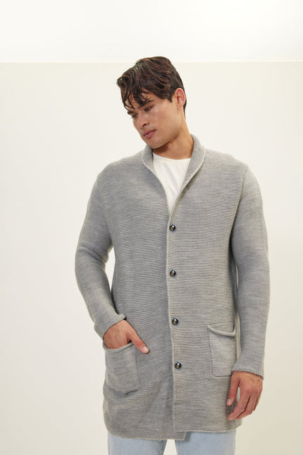 Men's Shawl Lapel Long Cardigan - Gray | Ron Tomson