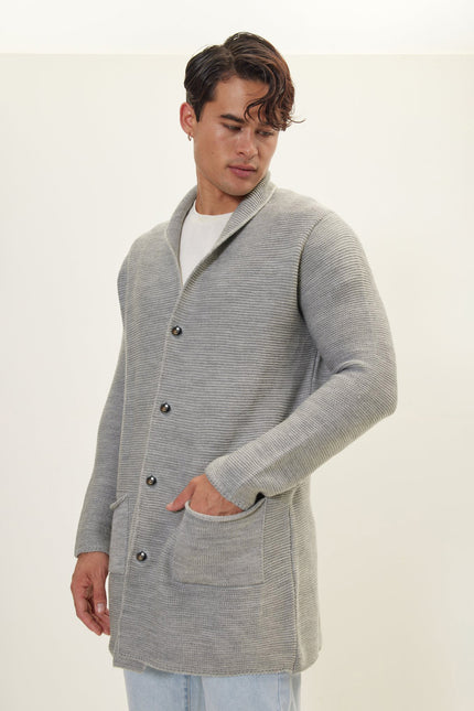 Men's Shawl Lapel Long Cardigan - Gray | Ron Tomson