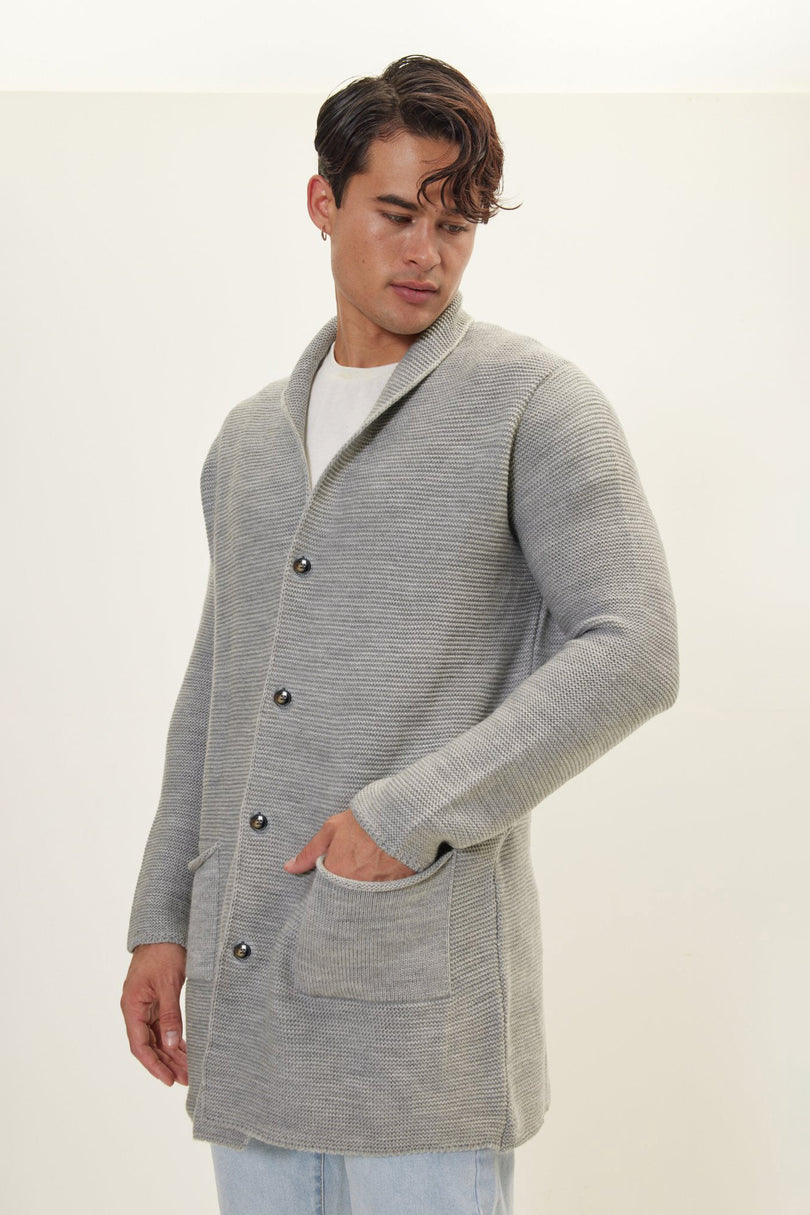 Men's Shawl Lapel Long Cardigan - Gray | Ron Tomson