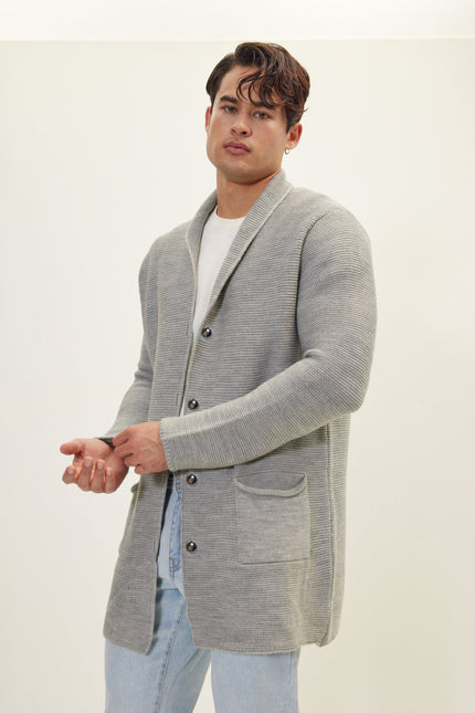 Men's Shawl Lapel Long Cardigan - Gray | Ron Tomson