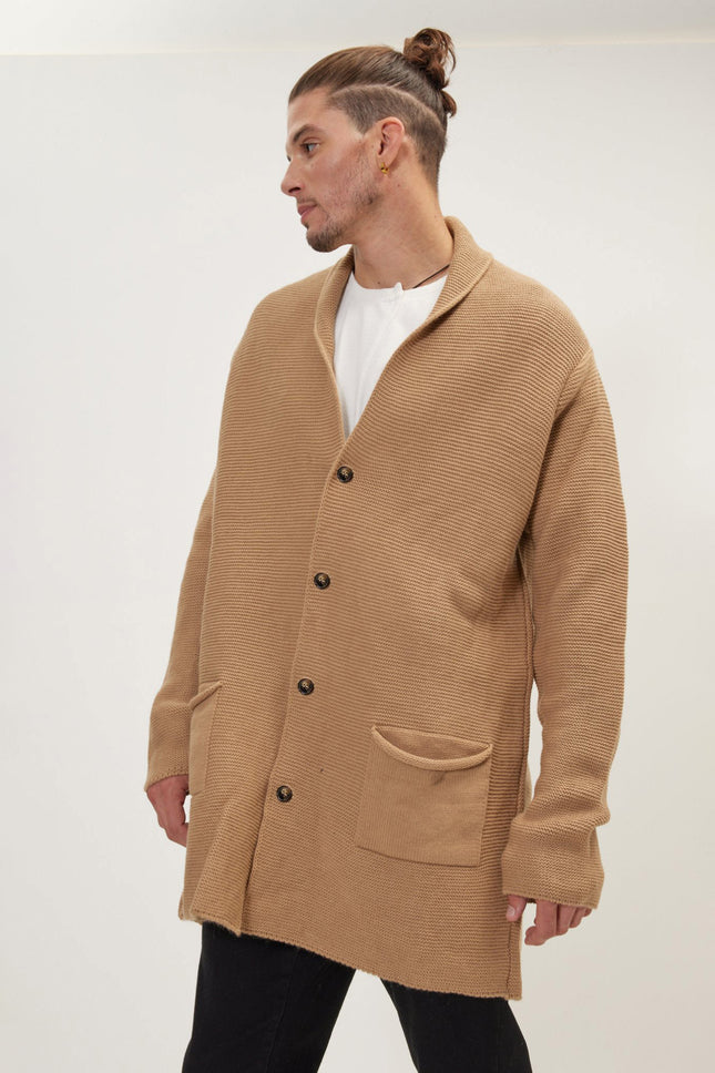 Men's Shawl Lapel Long Cardigan - Camel | Ron Tomson