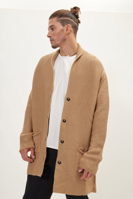 Men's Shawl Lapel Long Cardigan - Camel | Ron Tomson