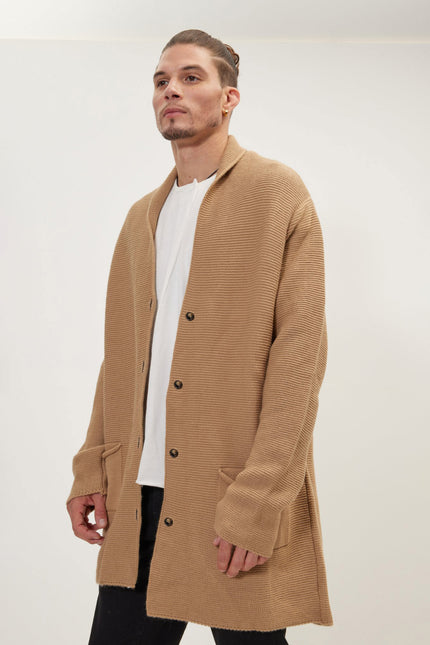 Men's Shawl Lapel Long Cardigan - Camel | Ron Tomson