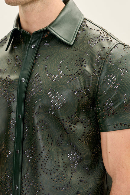 Men's Cut-out Laser Leather Shirt - Green | Ron Tomson