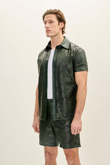 Men's Cut-out Laser Leather Shirt - Green | Ron Tomson