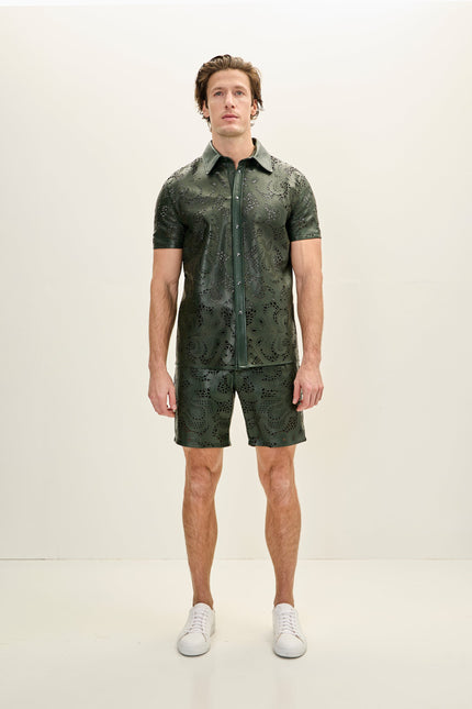 Men's Cut-out Laser Leather Shirt - Green | Ron Tomson