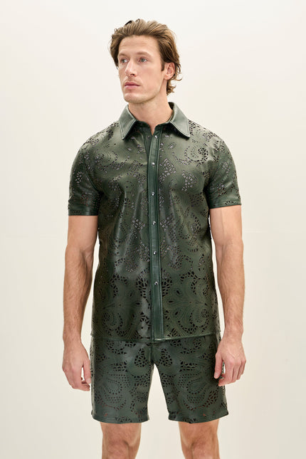 Men's Cut-out Laser Leather Shirt - Green | Ron Tomson