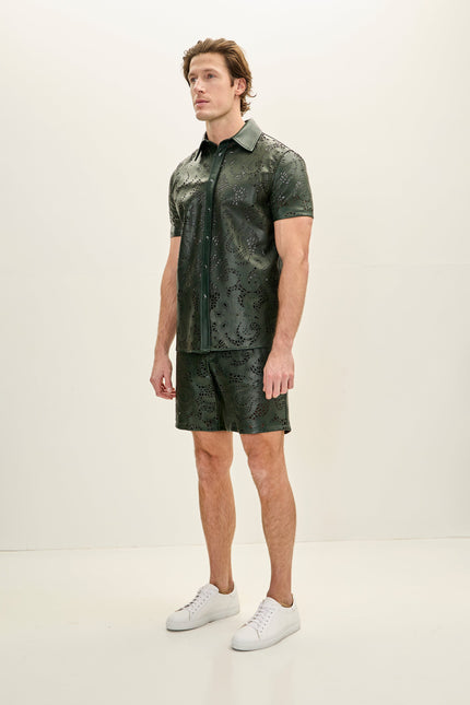 Men's Cut-out Laser Leather Shirt - Green | Ron Tomson