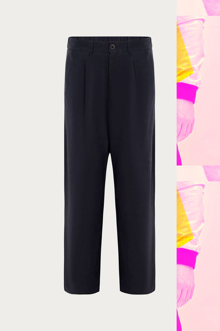 Men's Relaxed Modal Pleated Trousers - Navy | Ron Tomson