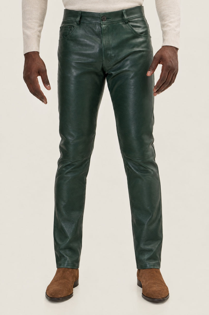 Men's Lambskin Leather Pants - Green | Ron Tomson