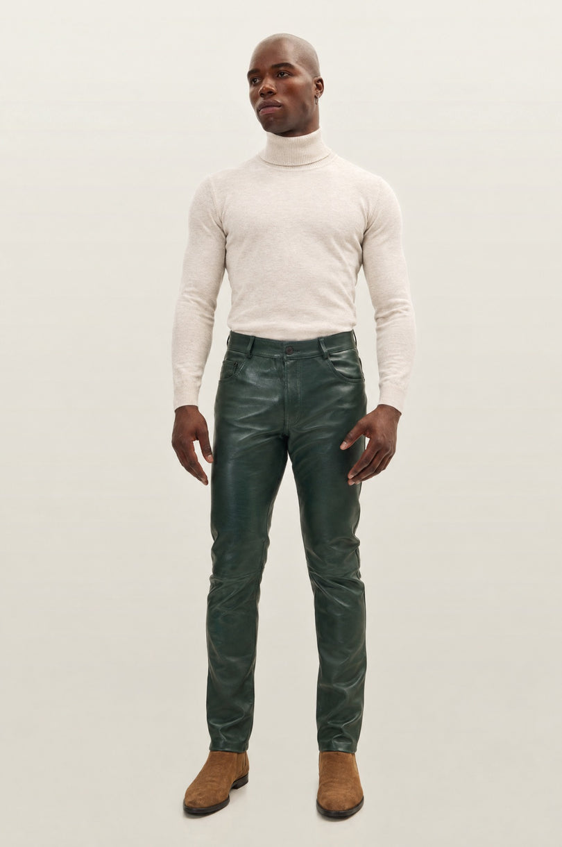 Men's Lambskin Leather Pants - Green | Ron Tomson