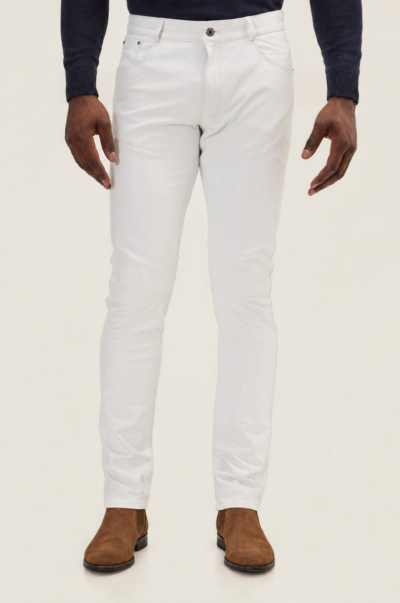 Men's Lambskin Leather Pants - White | Ron Tomson