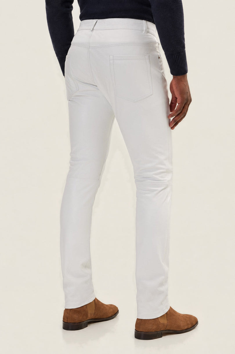 Men's Lambskin Leather Pants - White | Ron Tomson