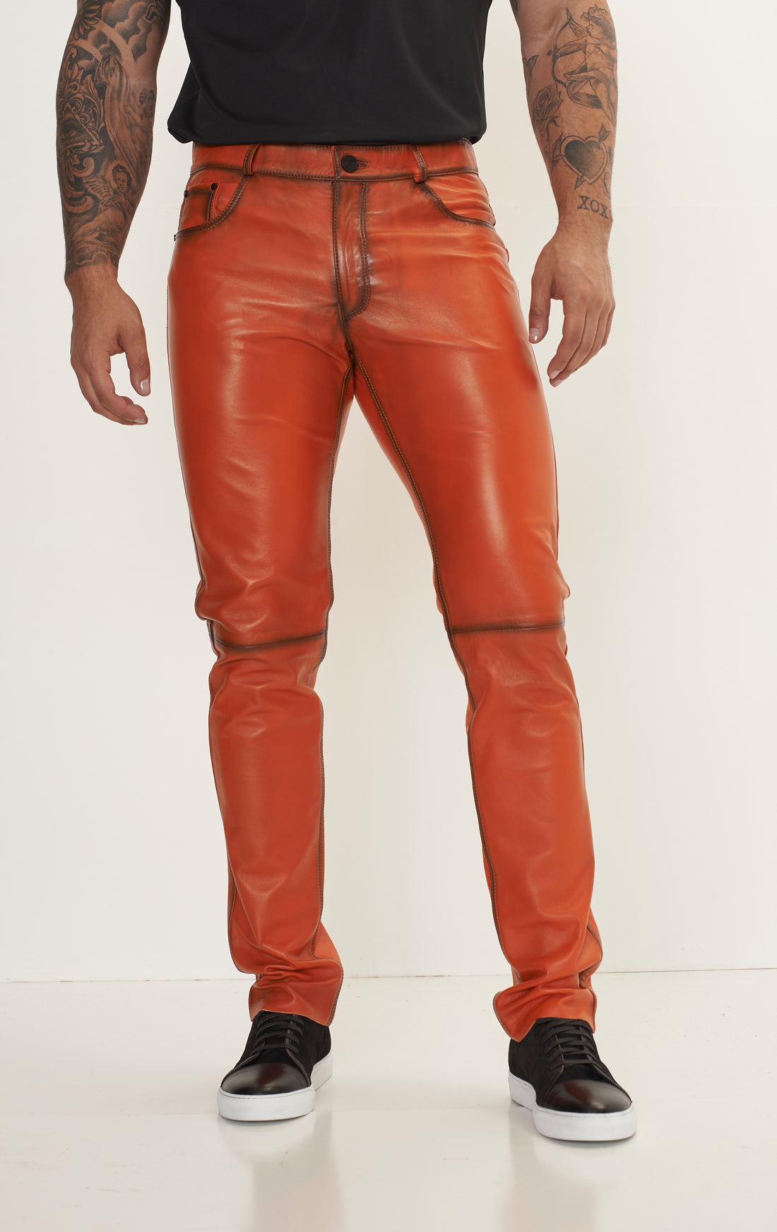 Genuine Lambskin Leather Pants - ORANGE TINT