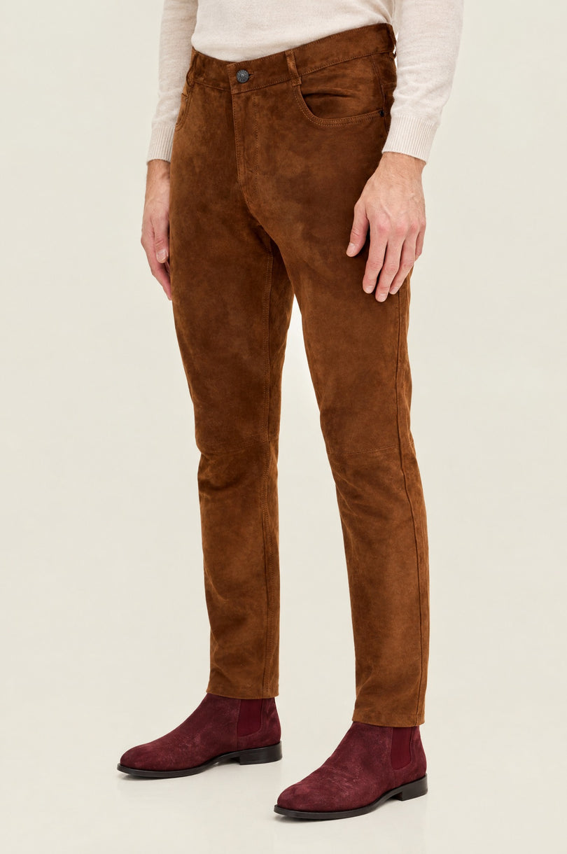 Men's Lambskin Suede Pants - Brown | Ron Tomson