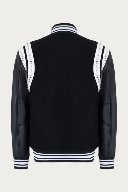 Men's Studded Mixed-Media Leather Varsity Jacket - Black | Ron Tomson
