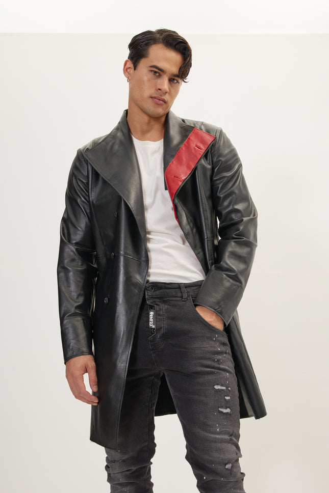 Men's Double-Breasted Leather Peacoat - Black Red | Ron Tomson
