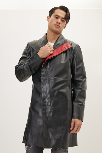 Men's Double-Breasted Leather Peacoat - Black Red | Ron Tomson