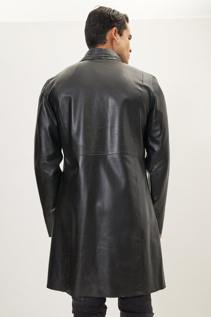 Men's Double-Breasted Leather Peacoat - Black Red | Ron Tomson