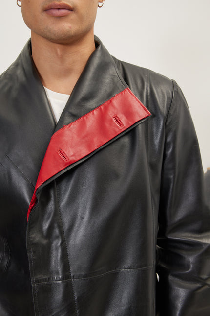 Men's Double-Breasted Leather Peacoat - Black Red | Ron Tomson