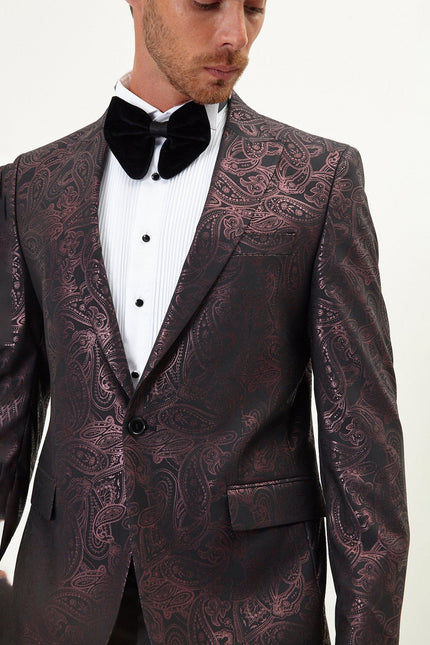 Men's Glitter Paisley Dinner Jacket - Burgundy | Ron Tomson