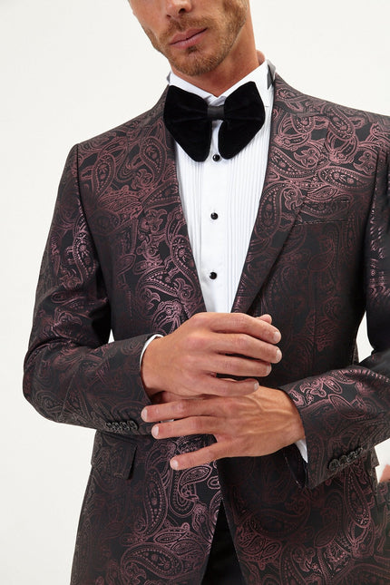 Men's Glitter Paisley Dinner Jacket - Burgundy | Ron Tomson
