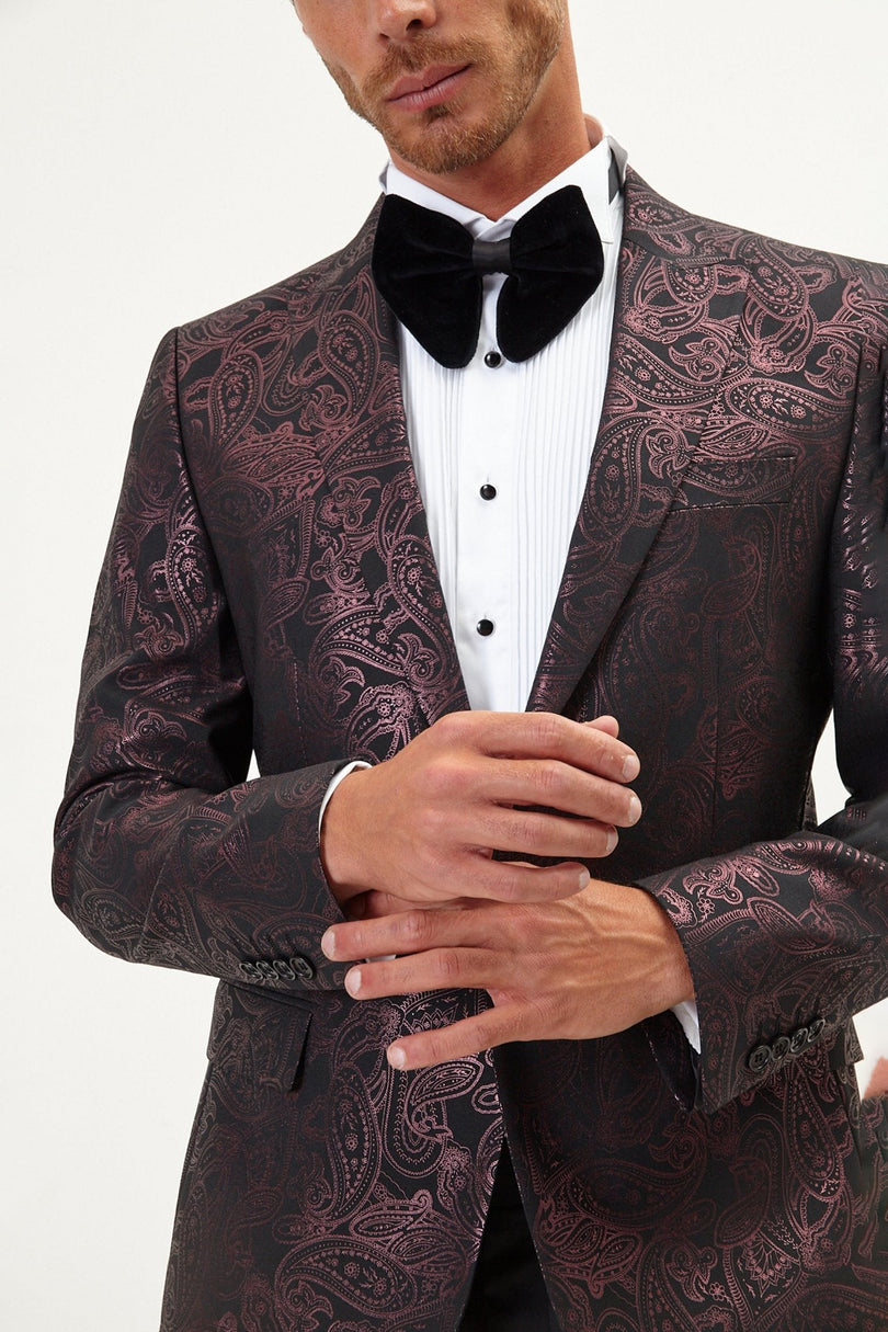 Men's Glitter Paisley Dinner Jacket - Burgundy | Ron Tomson