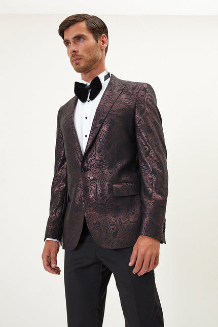 Men's Glitter Paisley Dinner Jacket - Burgundy | Ron Tomson