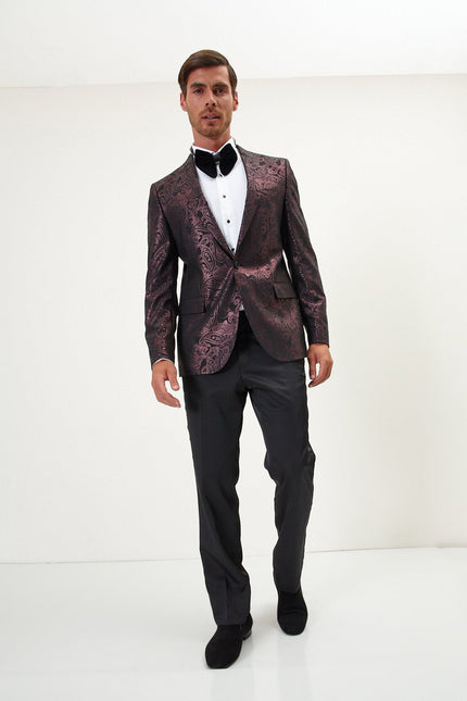 Men's Glitter Paisley Dinner Jacket - Burgundy | Ron Tomson