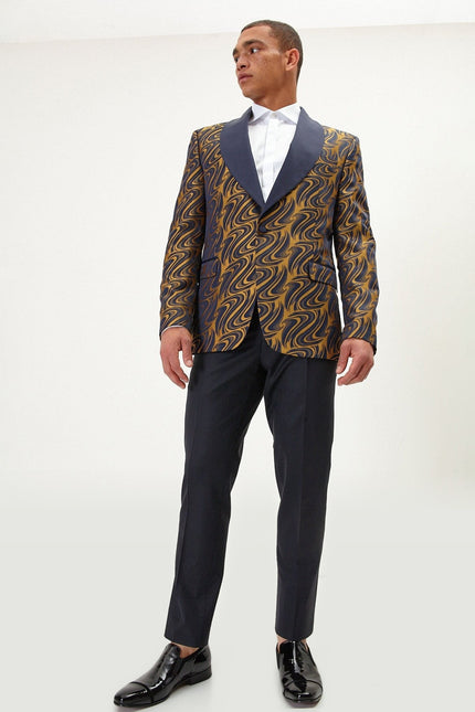 Psychedelic Texture Shawl Lapel Tuxedo Jacket - Navy Gold