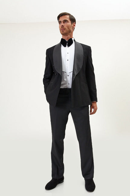 Raised Armor Texture Double Brested Tuxedo Jacket - Black