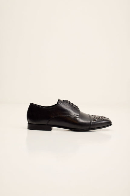 Men's Embellished Leather Cap Toe Oxford - Black | Ron Tomson