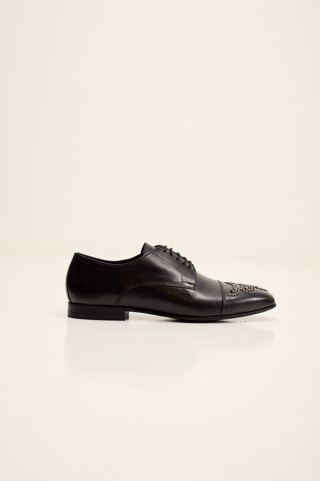 Men's Embellished Leather Cap Toe Oxford - Black | Ron Tomson