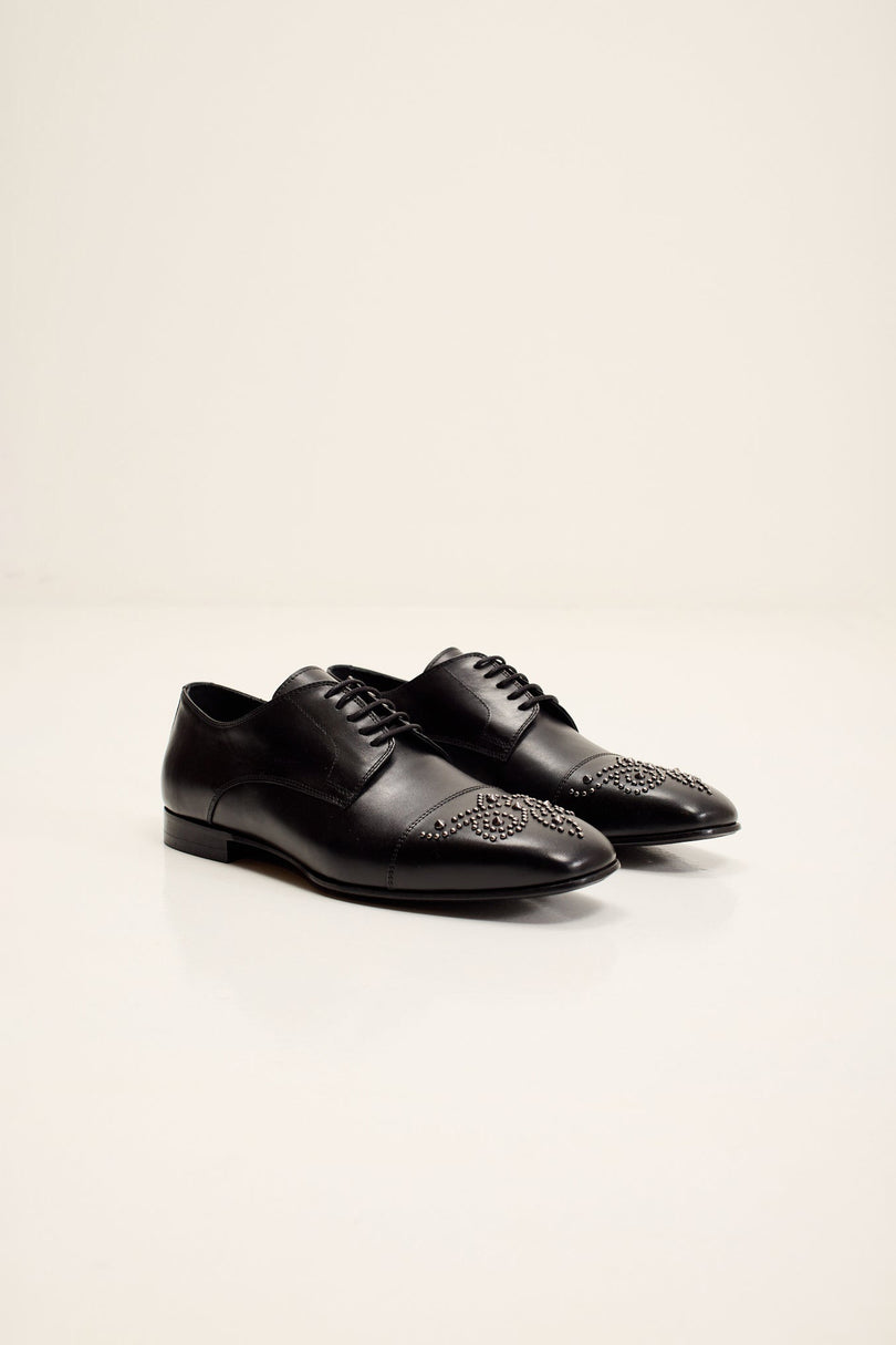 Men's Embellished Leather Cap Toe Oxford - Black | Ron Tomson