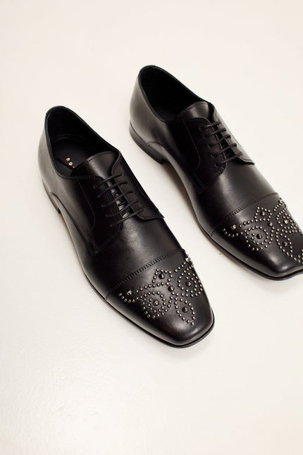 Men's Embellished Leather Cap Toe Oxford - Black | Ron Tomson