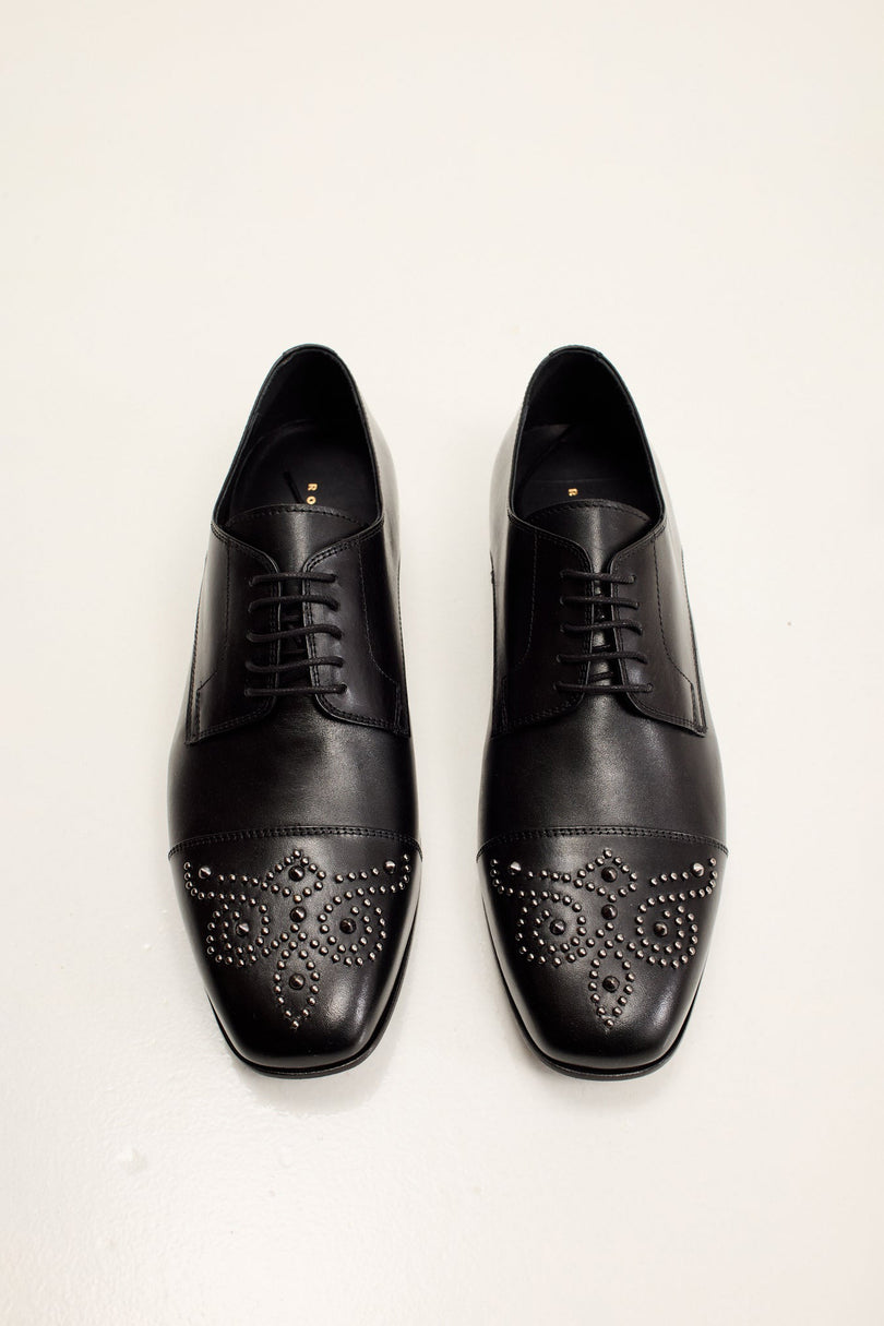 Men's Embellished Leather Cap Toe Oxford - Black | Ron Tomson
