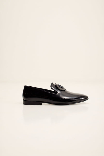 Men's Crystal-Embellished Patent Leather Loafers - Black | Ron Tomson