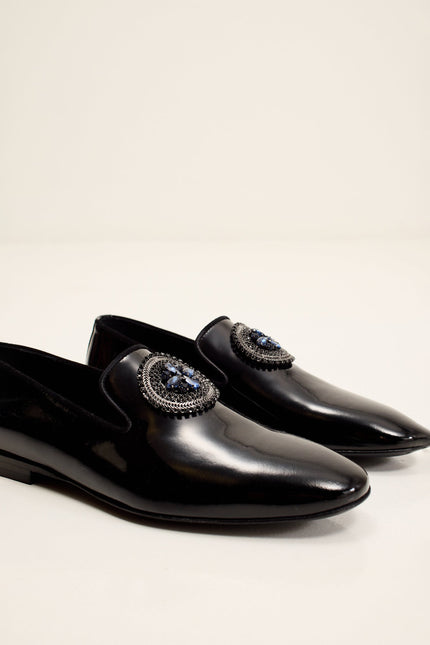 Men's Crystal-Embellished Patent Leather Loafers - Black | Ron Tomson