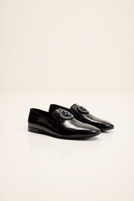 Men's Crystal-Embellished Patent Leather Loafers - Black | Ron Tomson