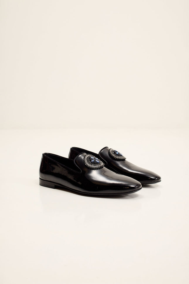 Men's Crystal-Embellished Patent Leather Loafers - Black | Ron Tomson