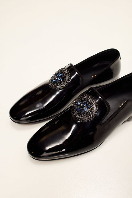 Men's Crystal-Embellished Patent Leather Loafers - Black | Ron Tomson