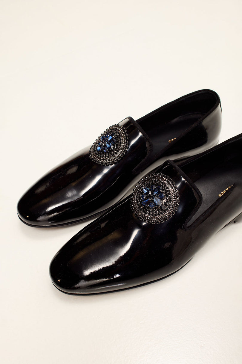 Men's Crystal-Embellished Patent Leather Loafers - Black | Ron Tomson