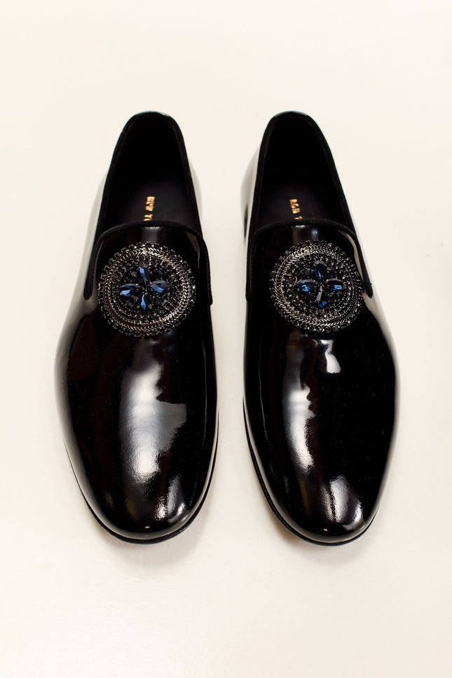 Men's Crystal-Embellished Patent Leather Loafers - Black | Ron Tomson