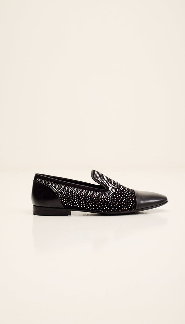 Crystal Embellished Suede Loafer - Black