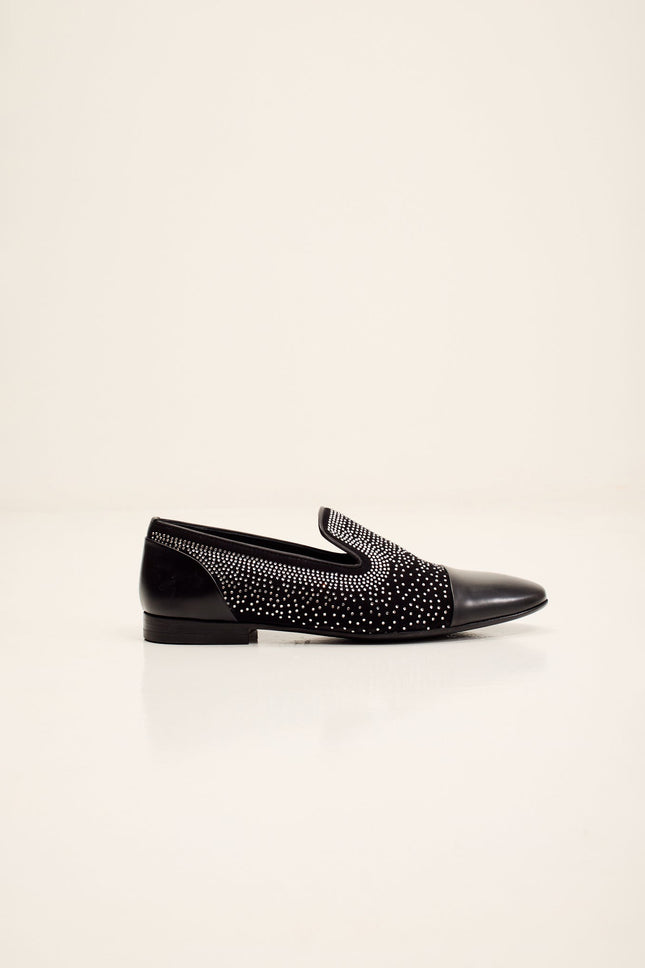 Men's Crystal Embellished Suede Loafer - Black | Ron Tomson