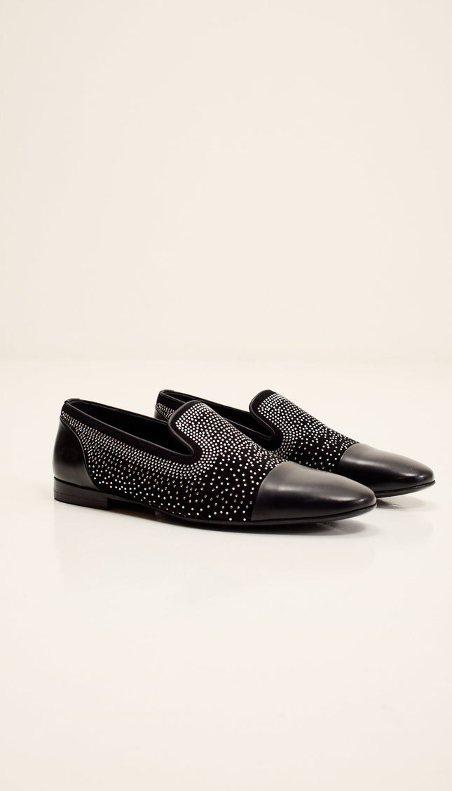 Crystal Embellished Suede Loafer - Black