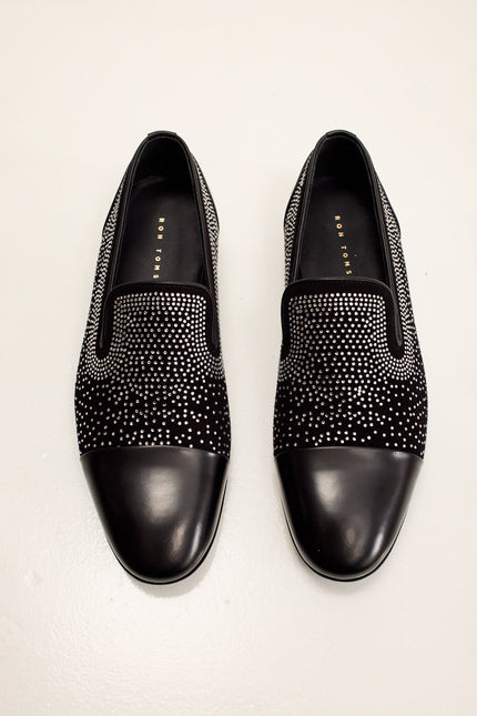 Men's Crystal Embellished Suede Loafer - Black | Ron Tomson